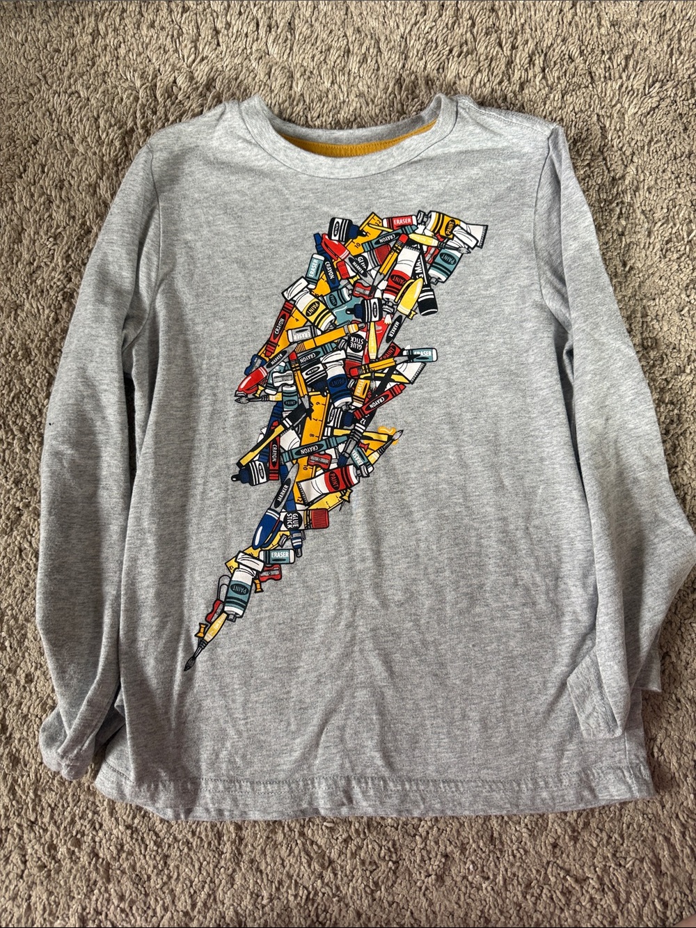 Boys' Grey Long-Sleeve Tee with Colorful Lightning Graphic